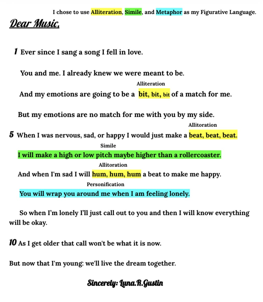 Poem about music written by 4th grade student