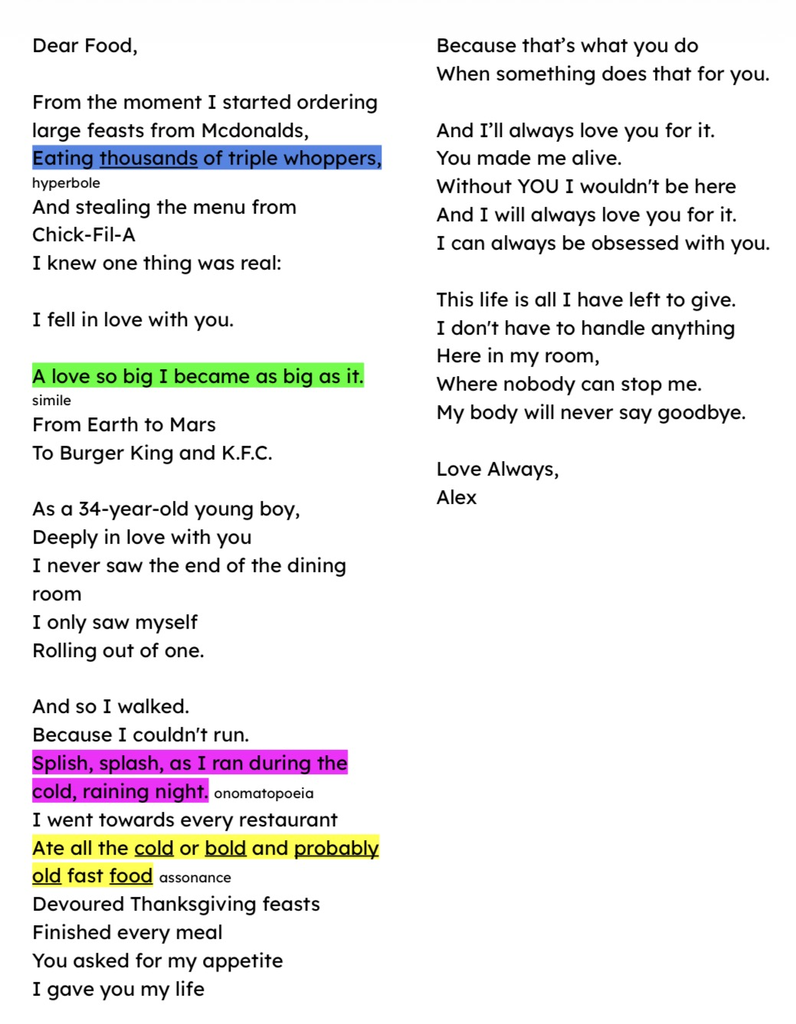 Poem about food written by 4th grade student