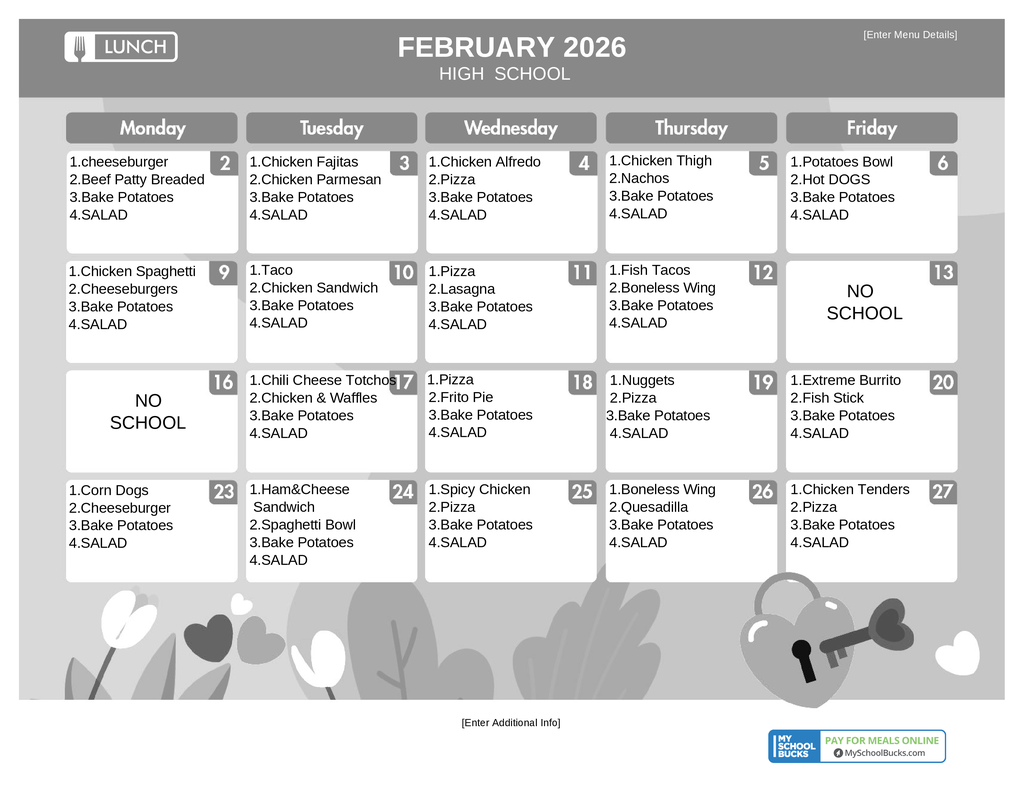 BHS Menu for February