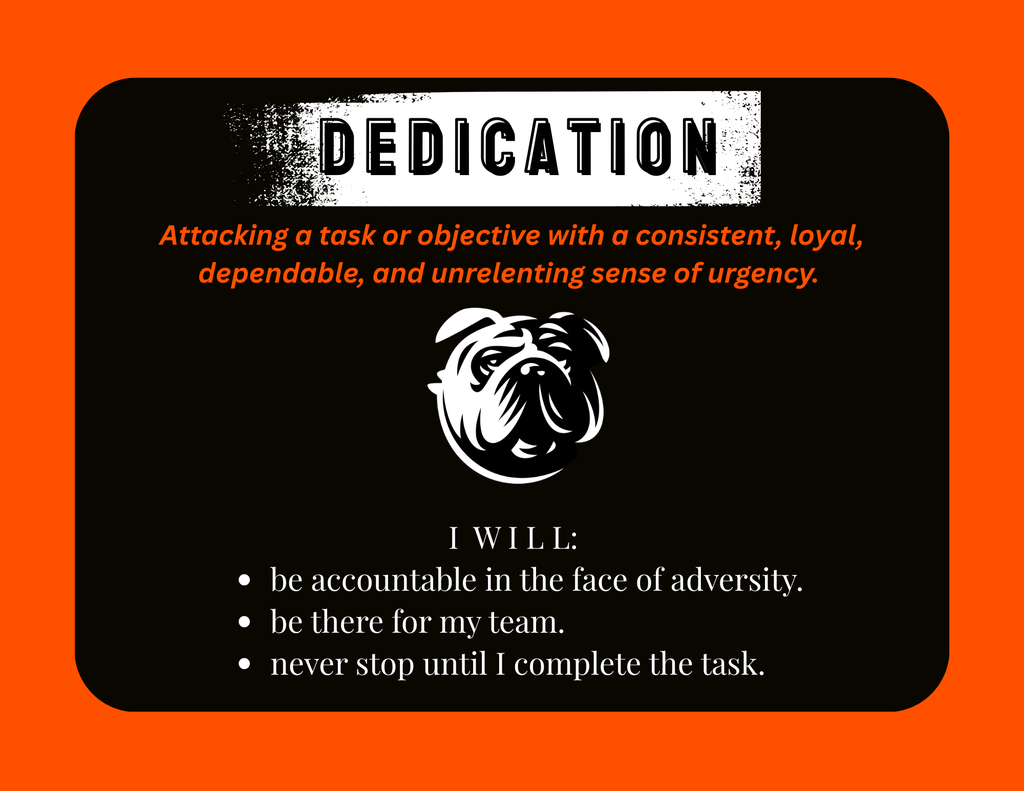 This graphic shows the definition of dedication and examples of it.