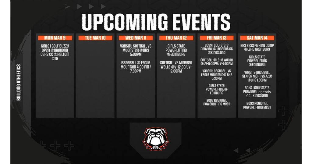 Athletic schedule includes events for this week.