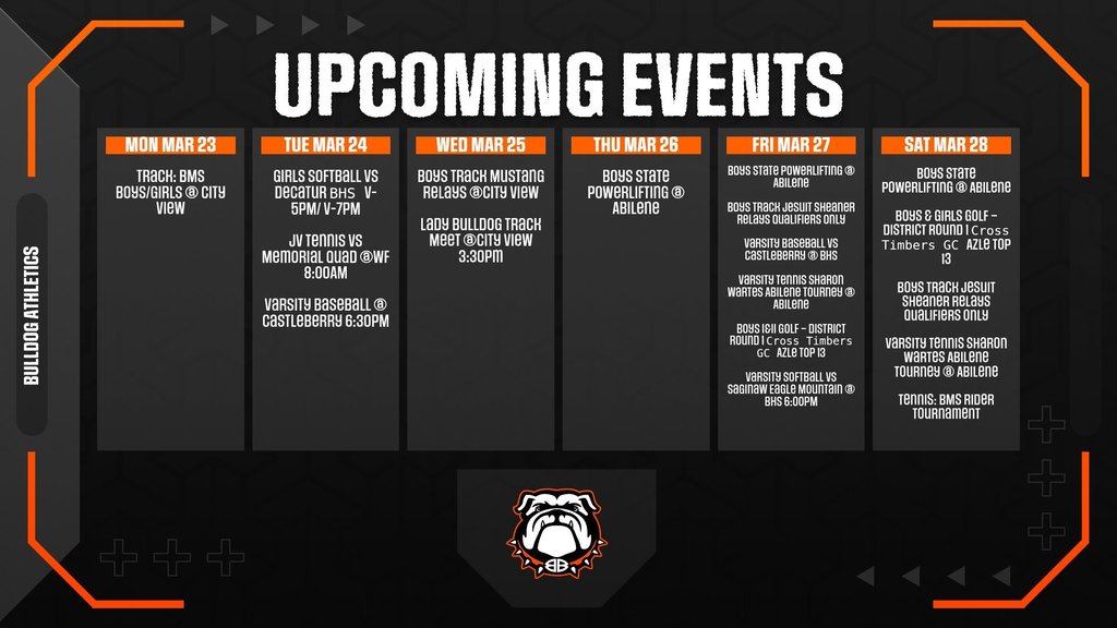 Sports events of the week.