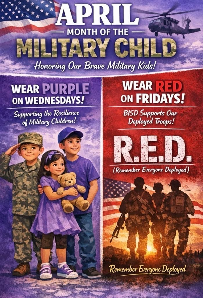 Purple Up for Military Kids! Wear RED for Remember Everyone Deployed keeping our military families in our thoughts & showing support! 