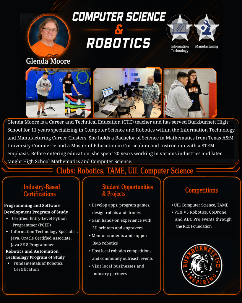 Ms. Moore teaches  CTE Computer Science and Robotics