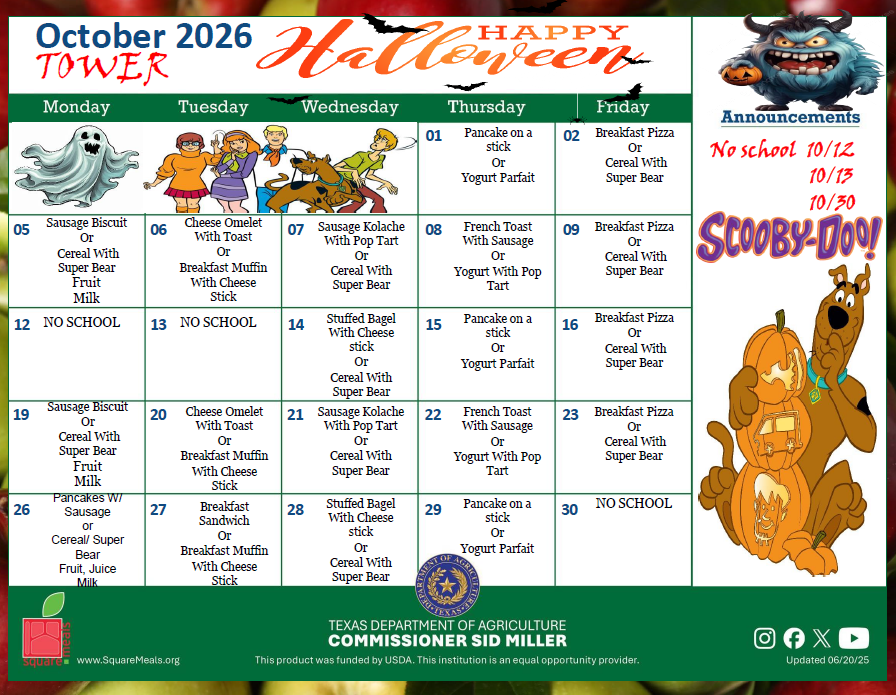 Breakfast menu October 2026