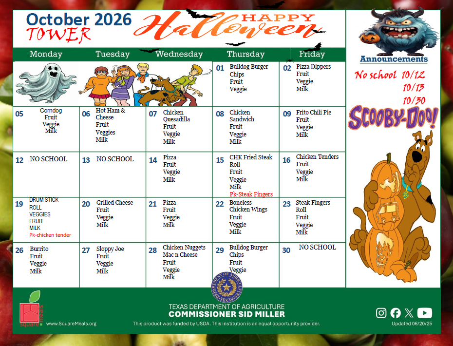 Lunch menu October 2026
