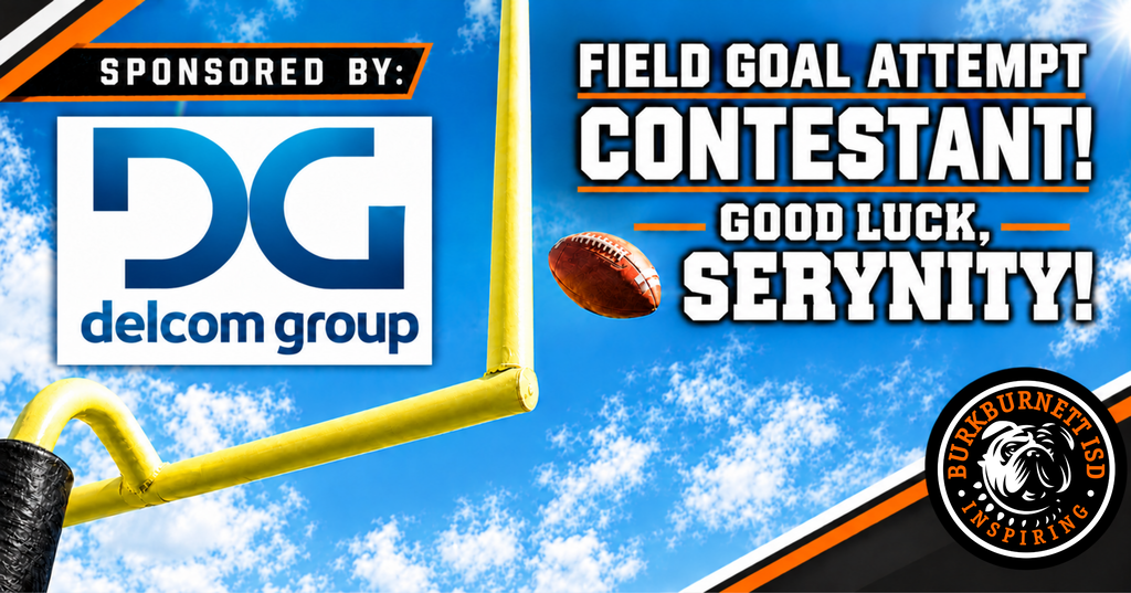 Graphic with blue sky, clouds, yellow football upright in air, yellow post with black and orange trim, Delcom Group logo.