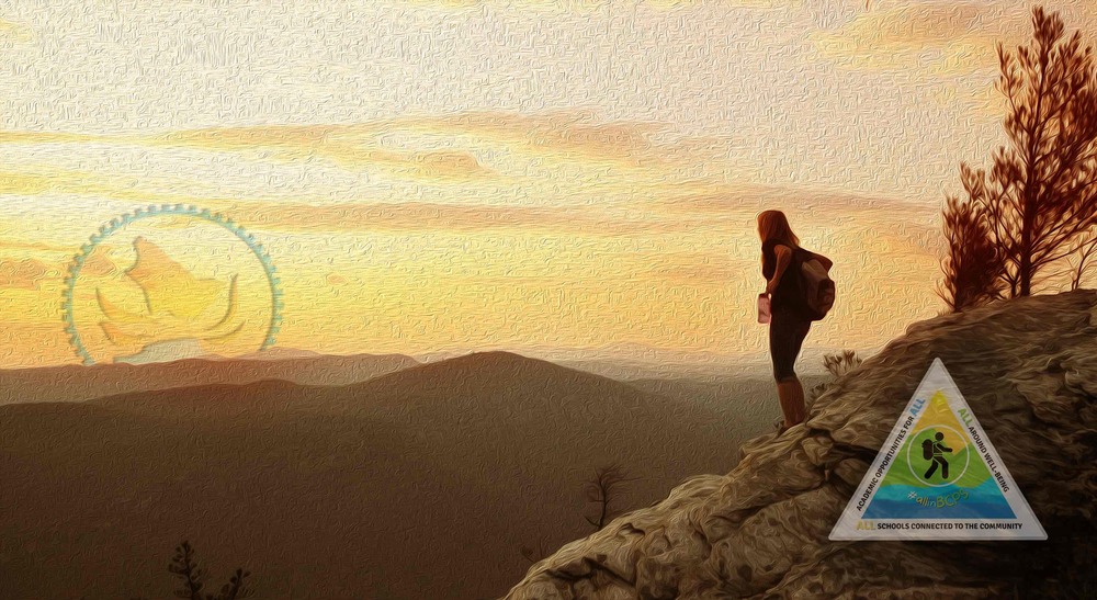 a painting of a young adult hiking, standing on a mountain side looking at a sunset