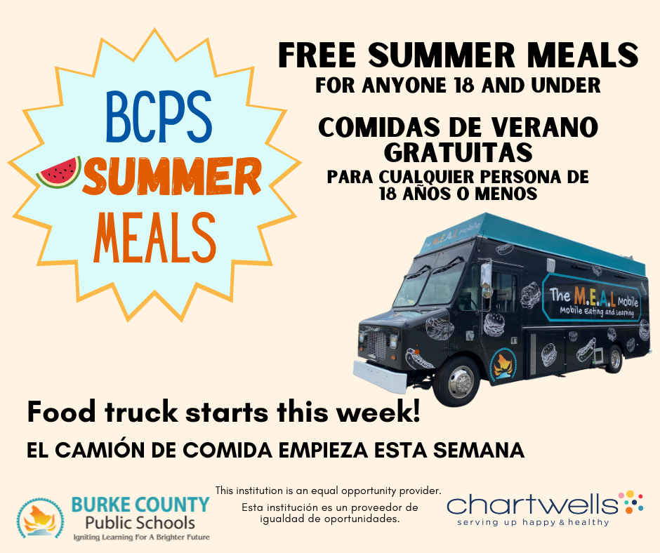 bcps summer meals. free summer meals for anyone 18 and under. food truck starts this week. graphic shows black food truck. 