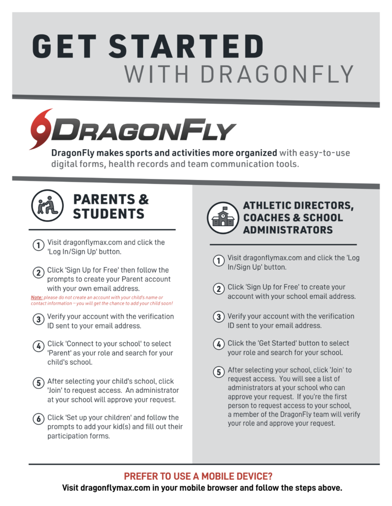 Parents of Student-Athletes,  This year, we are transitioning away from paper athletic packets and will be using DragonFly to manage all required athletic forms.  We appreciate your patience as we make this change. DragonFly is a new system for us as well, so there will be a learning curve as we work through the process. Our hope is that once everything is in place, it will make completing and tracking required forms much easier for everyone.  Our goal is to have all student-athletes registered and approved in DragonFly before the first day of fall sports practice on July 29.  Thank you for your patience and support as we make this transition!