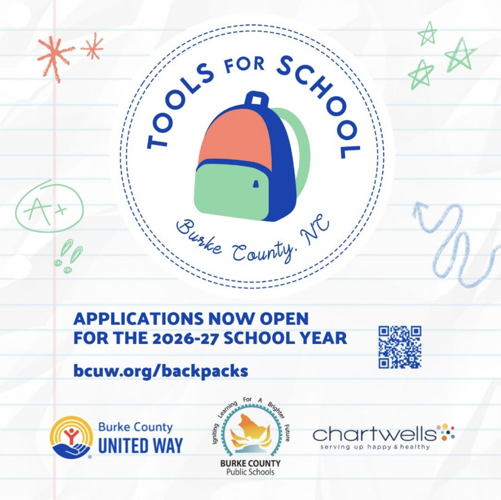 📣The Tools for School Program (Previously the Backpack Program) application is now open through August 9th!! Any K-12 student attending school in Burke County, NC can apply. Please read the directions on the application carefully for information about receiving your backpack! 🎒Apply and learn more here: https://www.bcuw.org/backpacks 📌The application is in English and Spanish. This program is made possible by Burke County Public Schools  and Chartwells K12! -- 📣¡Ya está abierto el plazo de solicitud para el programa "Tools for School" (anteriormente conocido como "Backpack Program") hasta el 9 de agosto! Pueden participar todos los estudiantes de los grados K-12 que asistan a escuelas en el condado de Burke, Carolina del Norte. ¡Por favor, lea atentamente las instrucciones de la solicitud para obtener información sobre cómo recibir su mochila! 🎒Inscríbase y obtenga más información aquí: https://www.bcuw.org/backpacks 📌La solicitud está disponible en español e inglés. 
