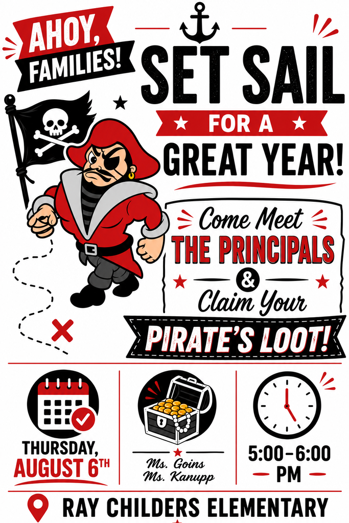 A graphic of red, white, and black flyer and the school's mascot of a Pirate.