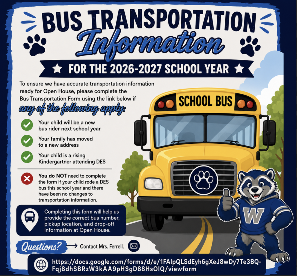 Graphic including a school bus and wolverine.   