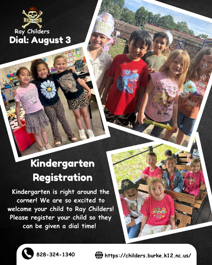 A decorative flyer announcing Kindergarten registration for Ray Childers, with photos of children and contact information. 