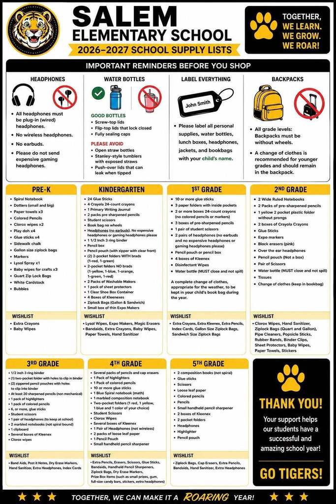 A Salem Elementary School flyer displaying the 2026–2027 School Supply Lists for all grade levels in the school's black, white, and Salem Yellow colors. The top of the flyer features the Salem Elementary tiger logo and the message, "Together, We Learn. We Grow. We Roar!" An "Important Reminders Before You Shop" section provides guidance for families, including: Students should bring wired (plug-in) headphones; wireless headphones and earbuds are not permitted. Water bottles should have secure, spill-resistant lids and avoid exposed straws. Families are encouraged to label all personal items with the student's name. Backpacks should be without wheels, and younger students are encouraged to keep a change of clothes in their backpack. The remainder of the flyer is organized by grade level (Pre-K through 5th Grade) with individual school supply lists and optional classroom wish lists for each grade. A message on the right thanks families for supporting Salem Elementary and helping students have a successful school year, ending with "Go Tigers!" Across the bottom, the flyer reads, "Together, We Can Make It a Roaring Year