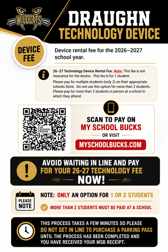 Tech fees. Pay before parking passes. Directions listed with QR Code.