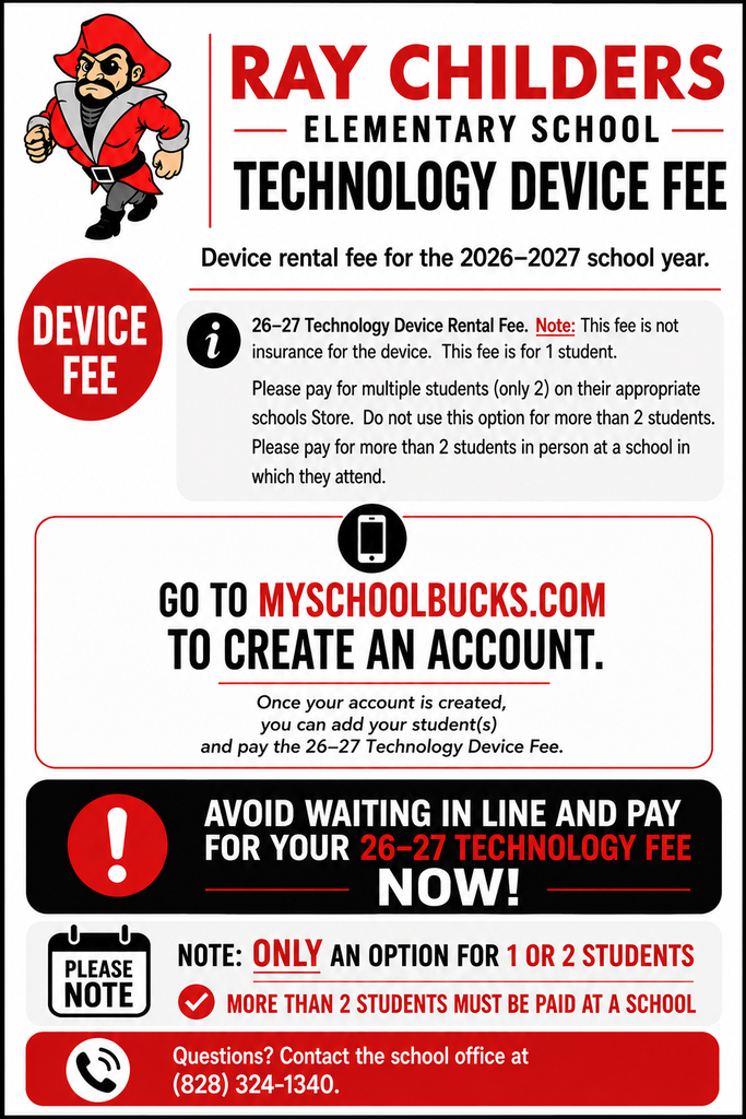 Ray Childers Elementary 2026–27 technology device fee flyer with payment instructions, MySchoolBucks account info, and office phone 828-324-1340.