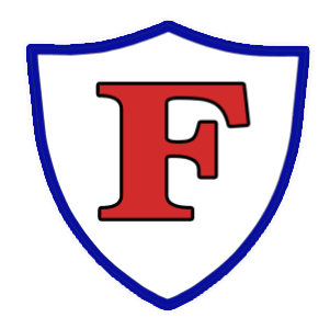 Freedom High School Logo Red letter F outlined blue shield