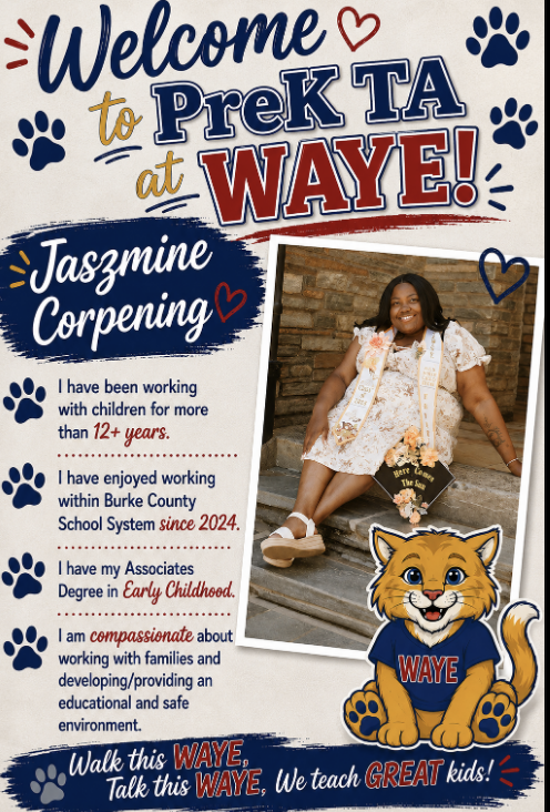 We are WAYE excited to introduce you to Jaszmine Corpening as our Pre K TA! Help us show her some love in the comments! 🐾❤️