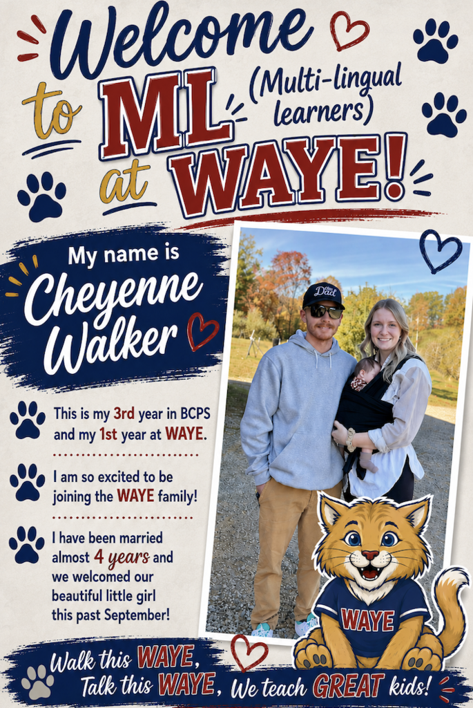 We are WAYE excited to introduce you to Cheyenne Walker, our new Multi Lingual Learners Teacher! Help us show her some love in the comments! 🐾❤️