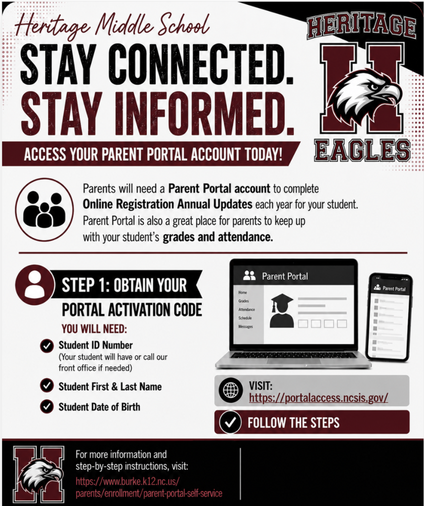 Heritage Middle School flyer encouraging parents to access their Parent Portal account to complete annual online registration updates and monitor student grades and attendance. The flyer provides steps for obtaining a portal activation code, lists the required student ID number, name, and date of birth, and includes links to the Parent Portal and additional step-by-step instructions.