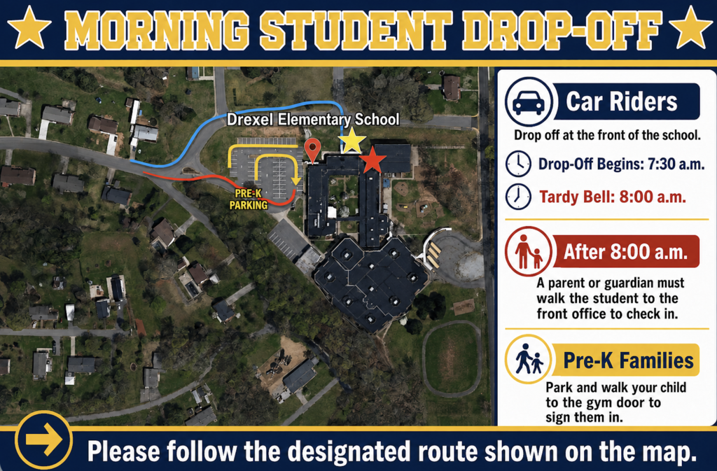 Ariel view of Drexel Elementary that describes the morning drop off for students. 