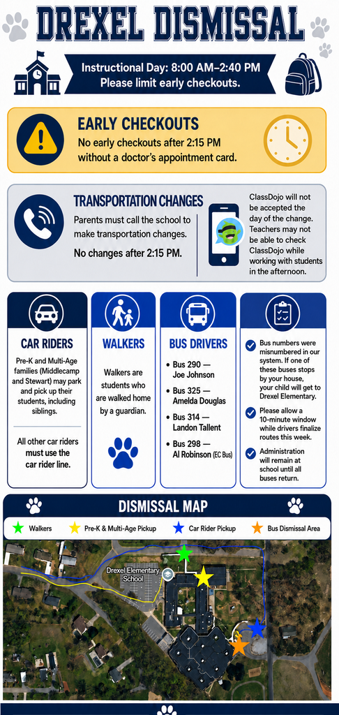 Graphic includes a map of designated areas for pick ups for car riders, walkers and PreK/ Multi age students. 