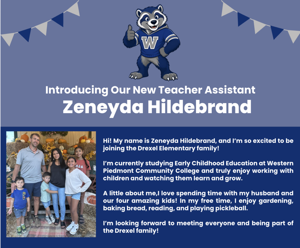 Graphic includes information about our new teacher assistant and a group photo. 