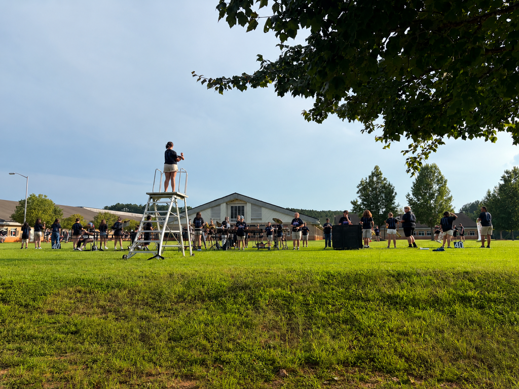 Students in band performing in grassy field.