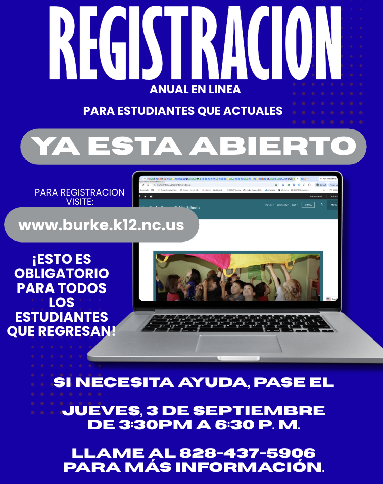 Promotional graphic announcing that annual online registration is now open for returning students. Students are instructed to visit www.burke.k12.nc.us to register. The graphic includes a laptop displaying the school district website and states that registration is required for all returning students. Help is available Thursday, September 3, from 3:30–6:30 PM. For more information, call 828-437-5906.
