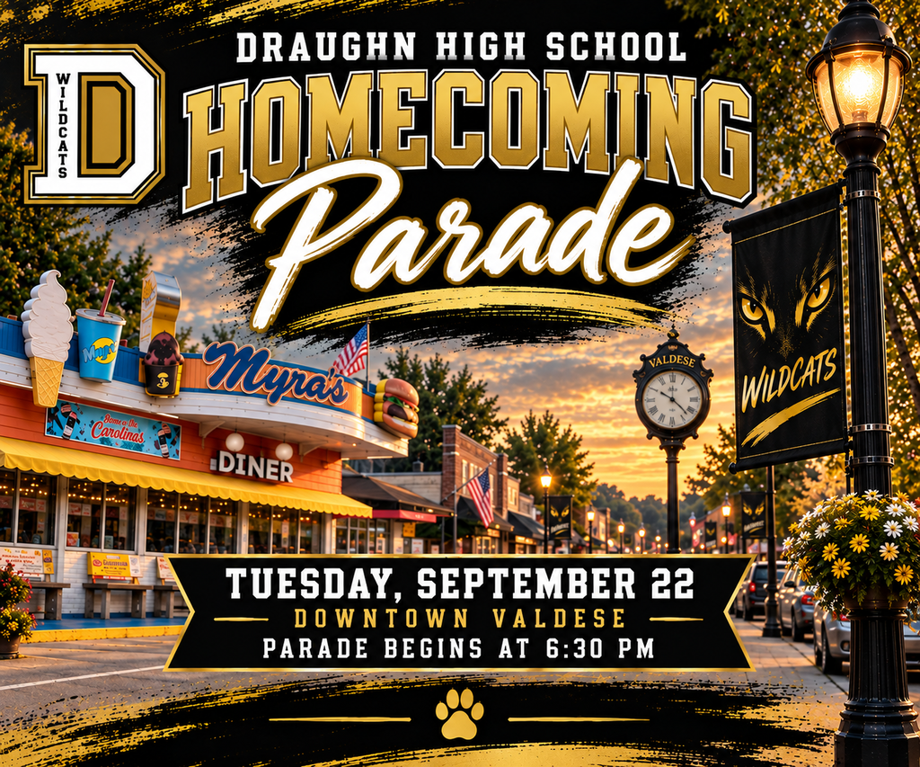 Draughn High School Homecoming Parade graphic featuring a sunset view of downtown Valdese with Myra’s diner, the Valdese street clock, and black and gold Wildcat banners. Event details read: Tuesday, September 22, Downtown Valdese. Parade begins at 6:30 PM.