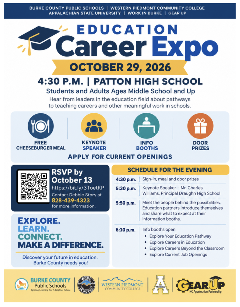 Education Career Expo flyer for students and adults ages middle school and up. The event will be held October 29, 2026, beginning at 4:30 p.m. at Patton High School. Attendees can learn about pathways to teaching and other careers in education, meet education partners, explore current job openings, and visit information booths. The event includes a free cheeseburger meal, door prizes, and a keynote address by Mr. Charles Williams, Principal of Draughn High School. RSVP by October 13. The event is sponsored by Burke County Public Schools, Western Piedmont Community College, Appalachian State University, Work in Burke, and GEAR UP.
