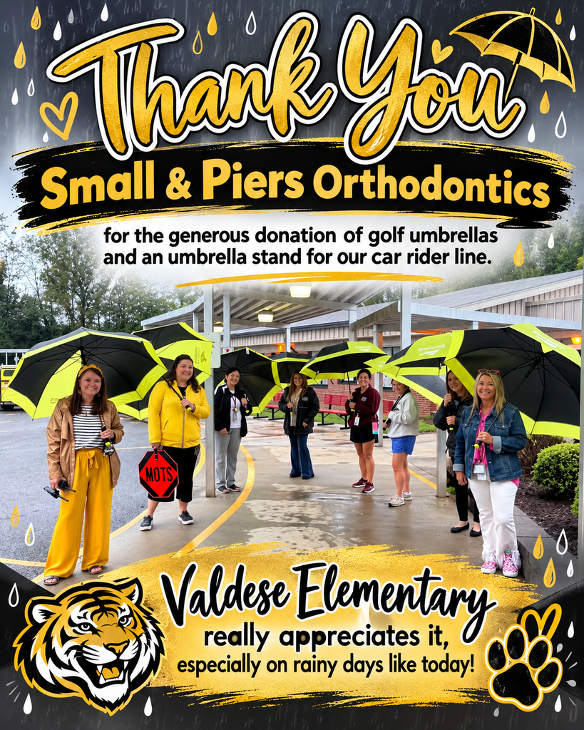 A group of school staff members stands under a covered walkway on a rainy day, each holding large black and neon yellow umbrellas. The staff members are spaced out along the sidewalk in front of the school, smiling as they help with the car rider line. Wet pavement and puddles are visible, highlighting the rainy weather.
