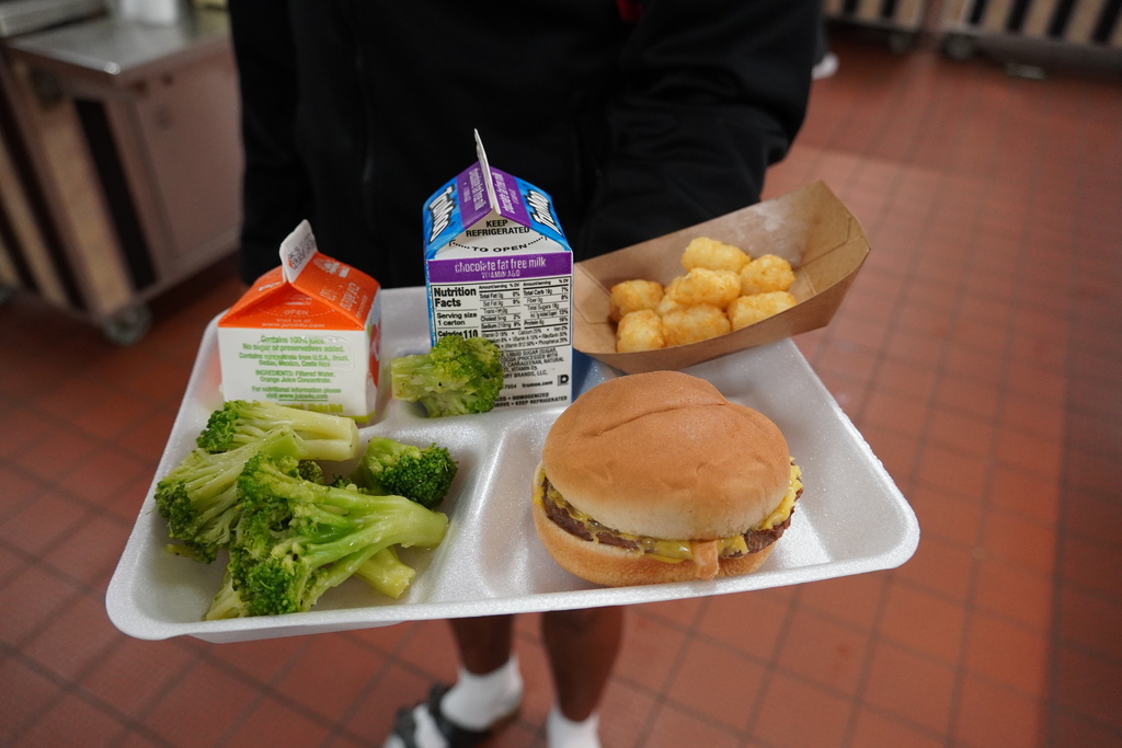 full lunch tray of bacon cheeseburger and sides