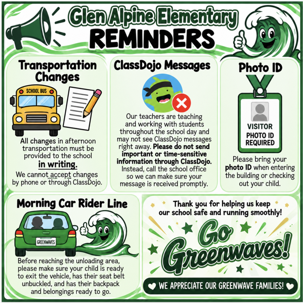 Green and white Glen Alpine Elementary Greenwaves reminder flyer featuring a school bus, ClassDojo symbol, visitor ID badge, car rider illustration, and Greenwave mascot. The graphic reminds families that afternoon transportation changes must be submitted in writing, urgent messages should be directed to the school office rather than ClassDojo, photo IDs are required when entering the building or checking out students, and children should be prepared for safe, efficient morning drop-off. The flyer concludes with appreciation for Greenwave families and the message “Go Greenwaves!”