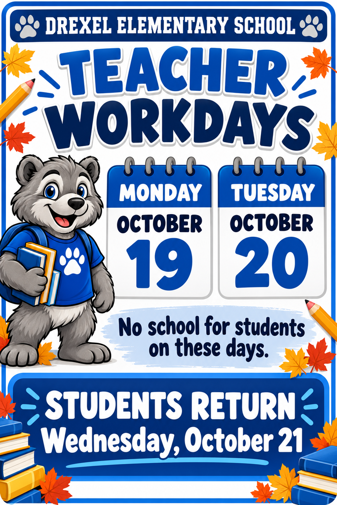 Infographic includes a wolverine holding books.  Teacher workdays on October 19th and 20th. 