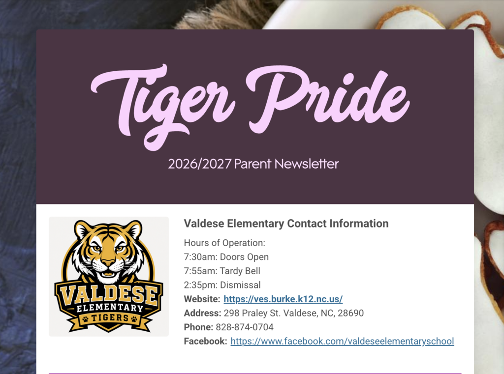 Valdese Elementary School’s 2026–2027 parent newsletter, titled “Tiger Pride,” features a fall-themed background with pumpkins and the title displayed in pink lettering against a dark purple banner. Below, the school’s black-and-gold tiger mascot logo appears alongside important contact information. School doors open at 7:30 AM, the tardy bell rings at 7:55 AM, and dismissal is at 2:35 PM. The school is located at 298 Praley Street, Valdese, NC 28690. Families can contact the school at 828-874-0704, visit https://ves.burke.k12.nc.us/, or follow Valdese Elementary School on Facebook.