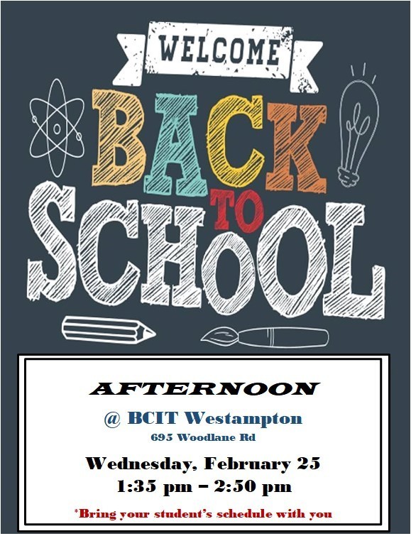 Chalkboard with Welcome Back to School message written in different color chalk with a pencil, paint brush, lightbulb and atom. Additional information for the event written in a box outlined in black at the bottom of the page 