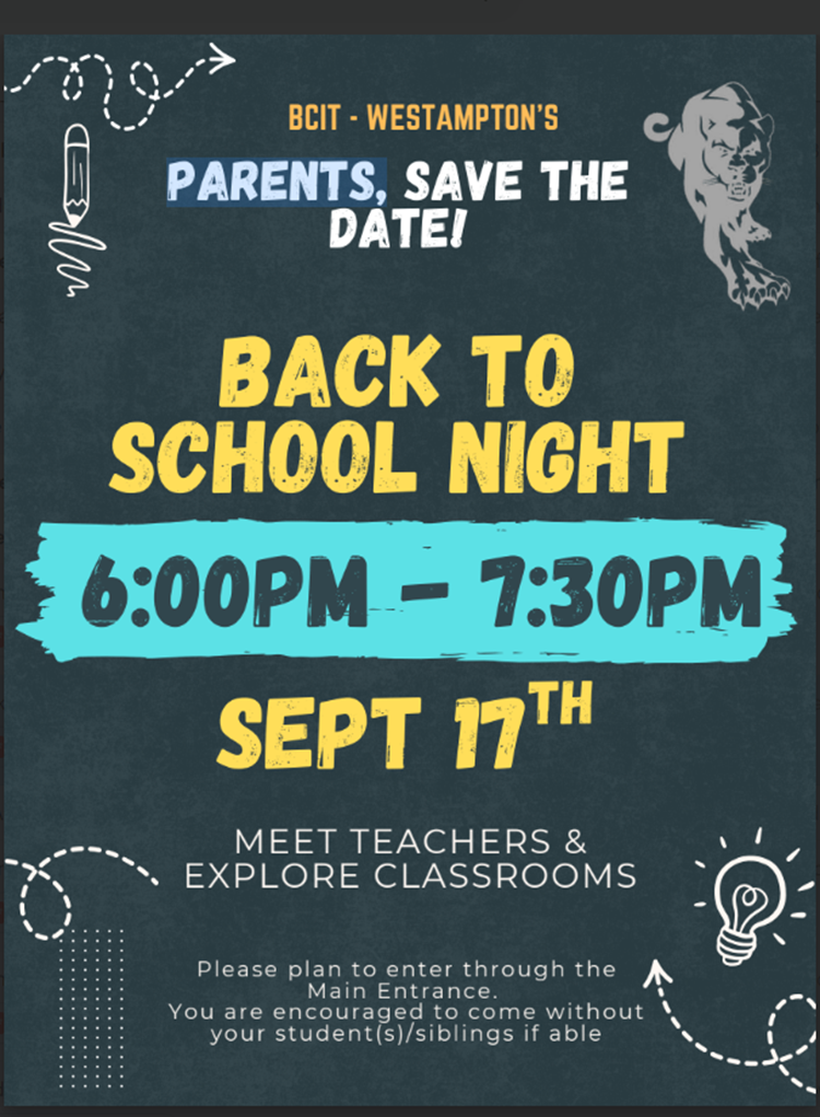 Dark background flyer with yellow and white lettering announcing Back to School Night at BCIT West