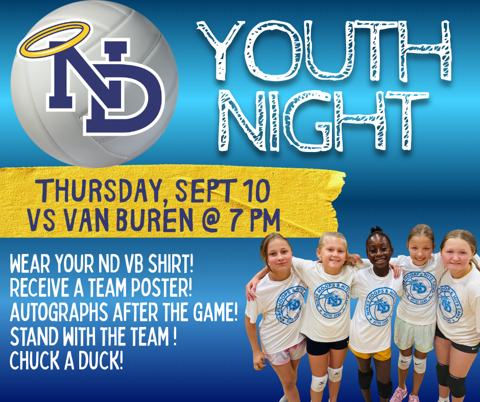 ND Volleyball Youth night is September 10 @ 7pm