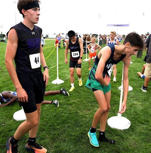 NDWB's Keaton Petersen, right, catch their breath as the finish line of the Grayhound invte