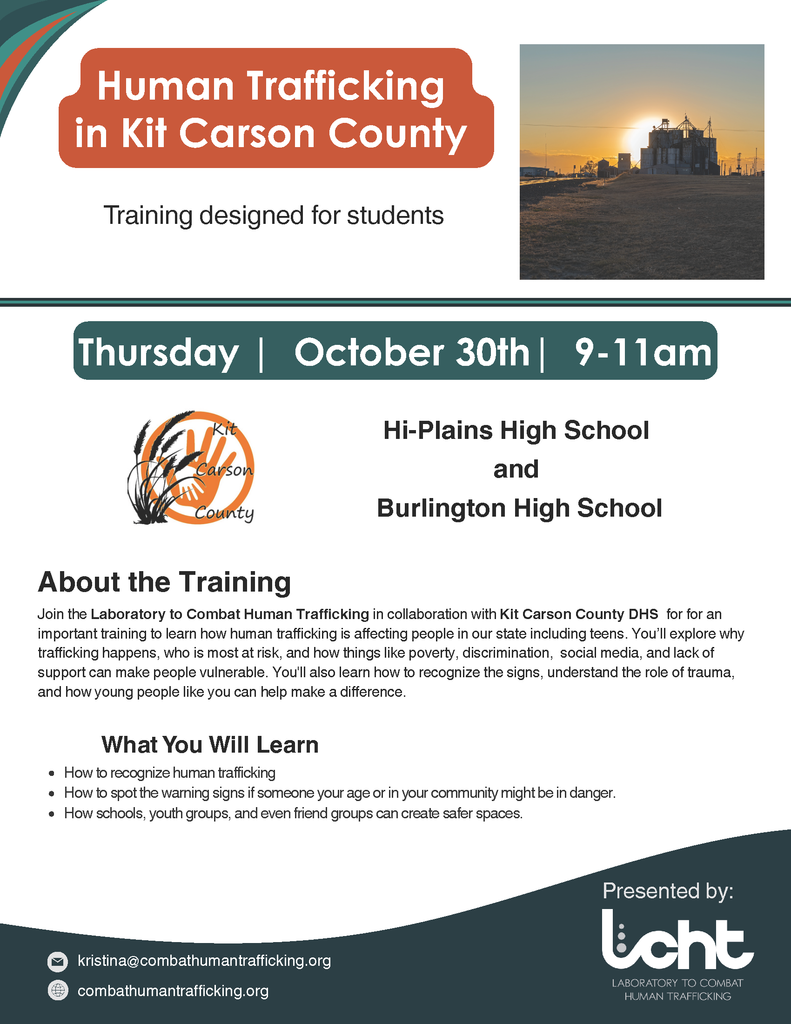 A flyer describing a presentation on Human Trafficking in Kit Carson County