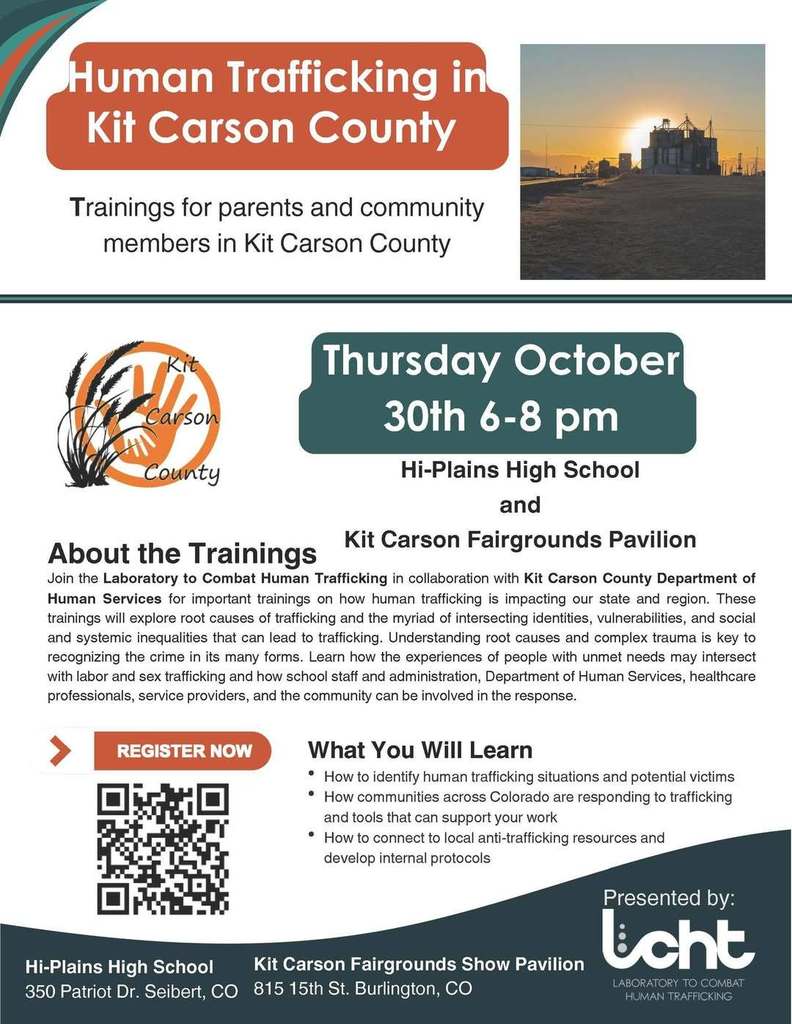 This is a flyer for a Human Trafficking seminar being held in Kit Carson County.
