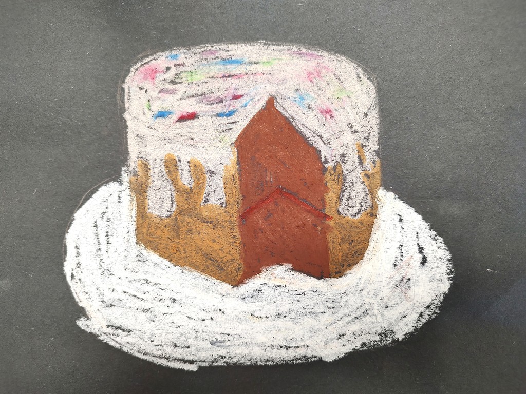 A pastel drawing of a cake.