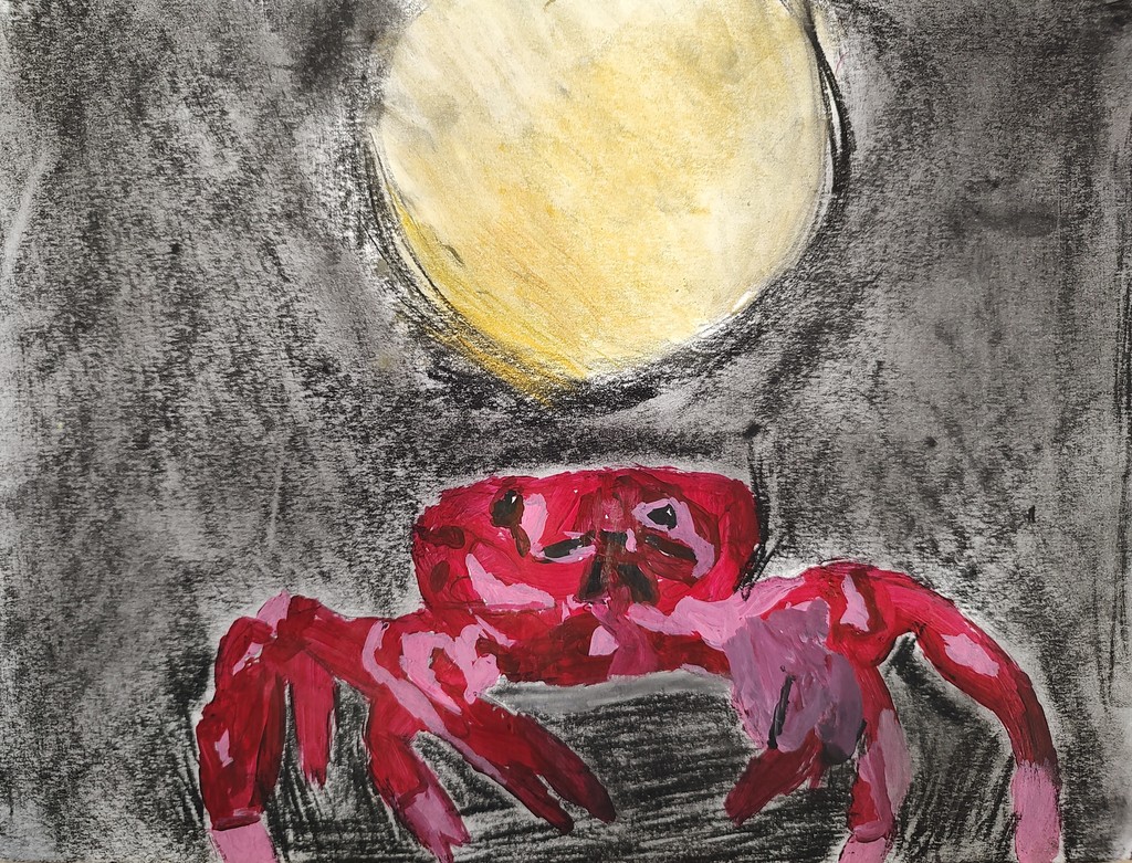 Painting of a crab in moonlight.