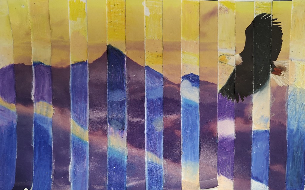 Pencil drawing of an eagle and mountains.