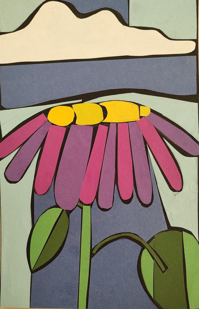 Pastel drawing of a flower and clouds.