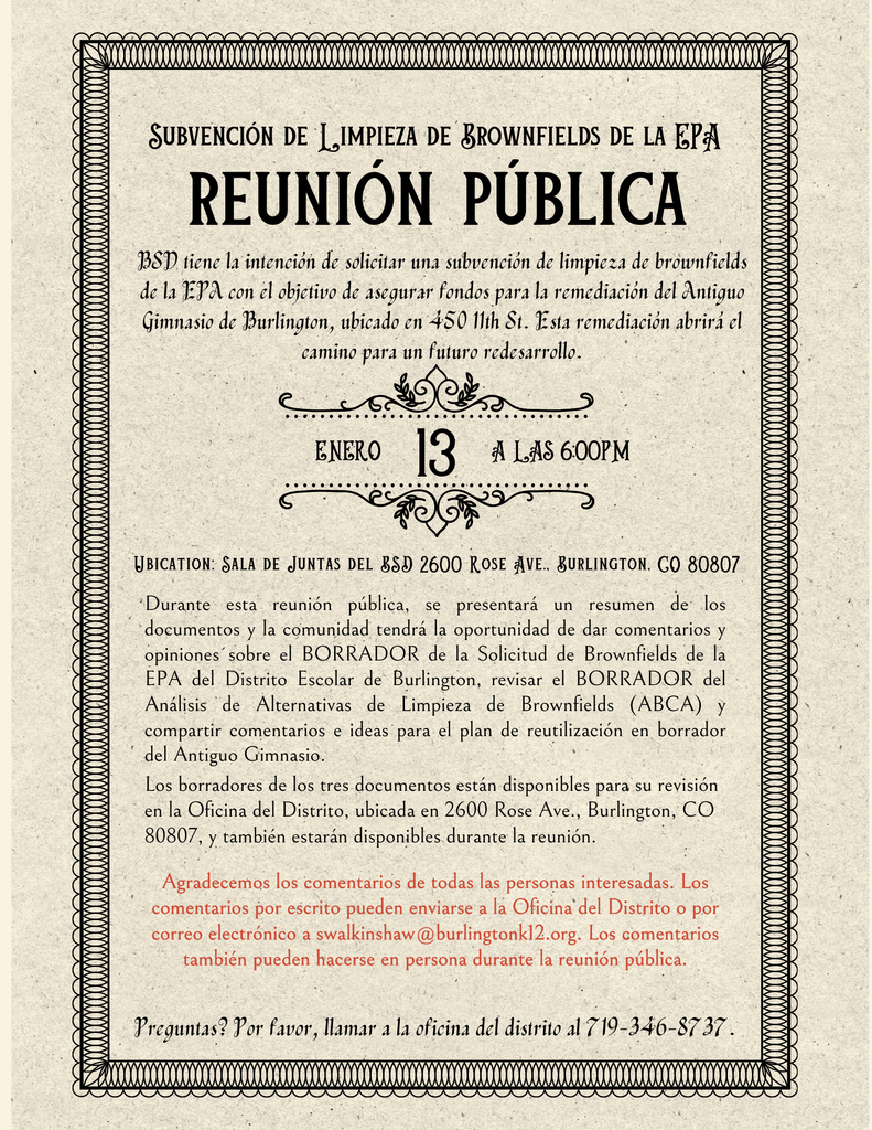 Volante para la reunión sobre el antiguo gimnasio de la escuela primaria