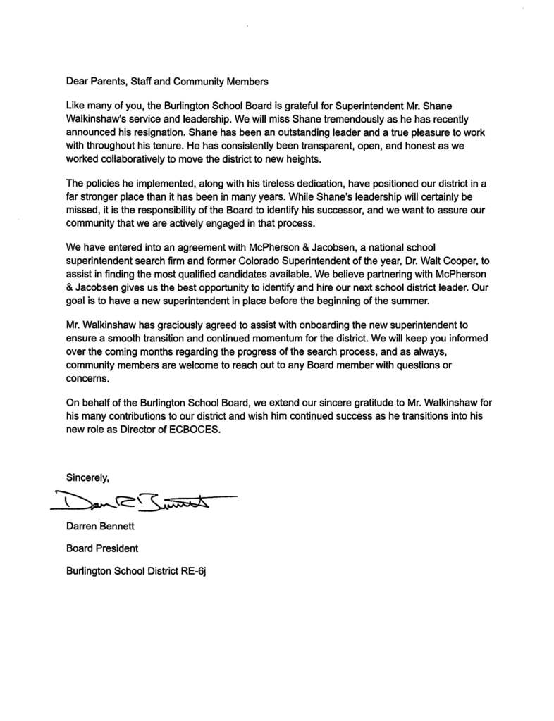 Letter from the School Board stating they have hired a company to recruit a Superintendent