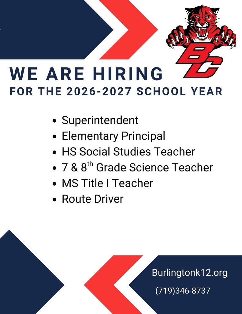 Flyer for open positions for the 2026-2027 School year for the Burlington School District